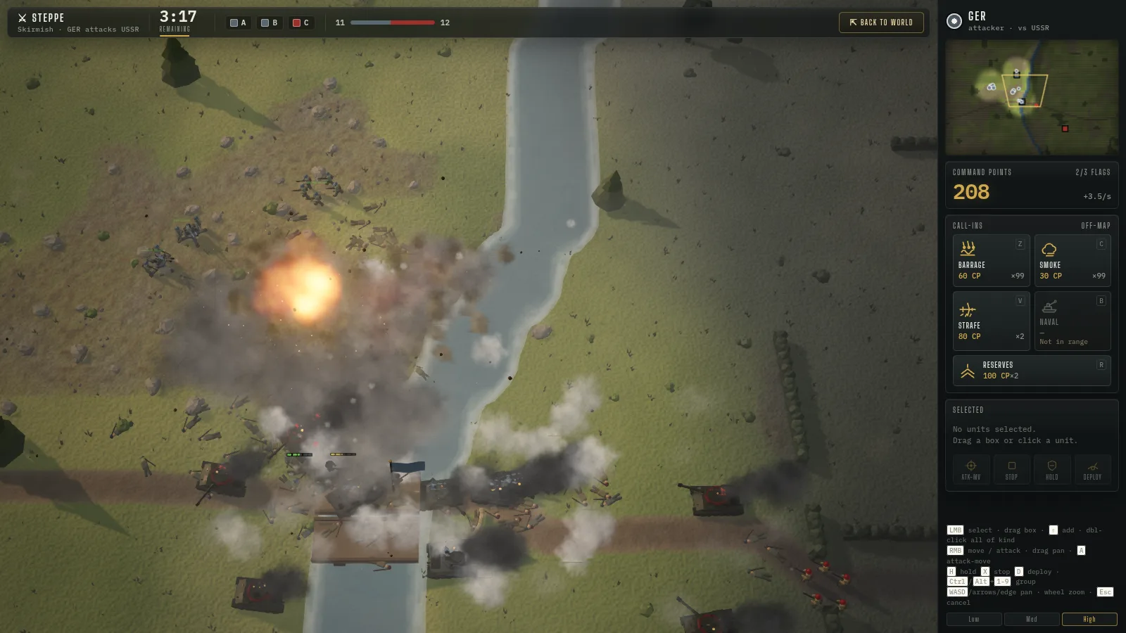 A 3D tactical battle on the steppe: German tanks and infantry fight across a river bridge under artillery fire, with the command sidebar on the right.